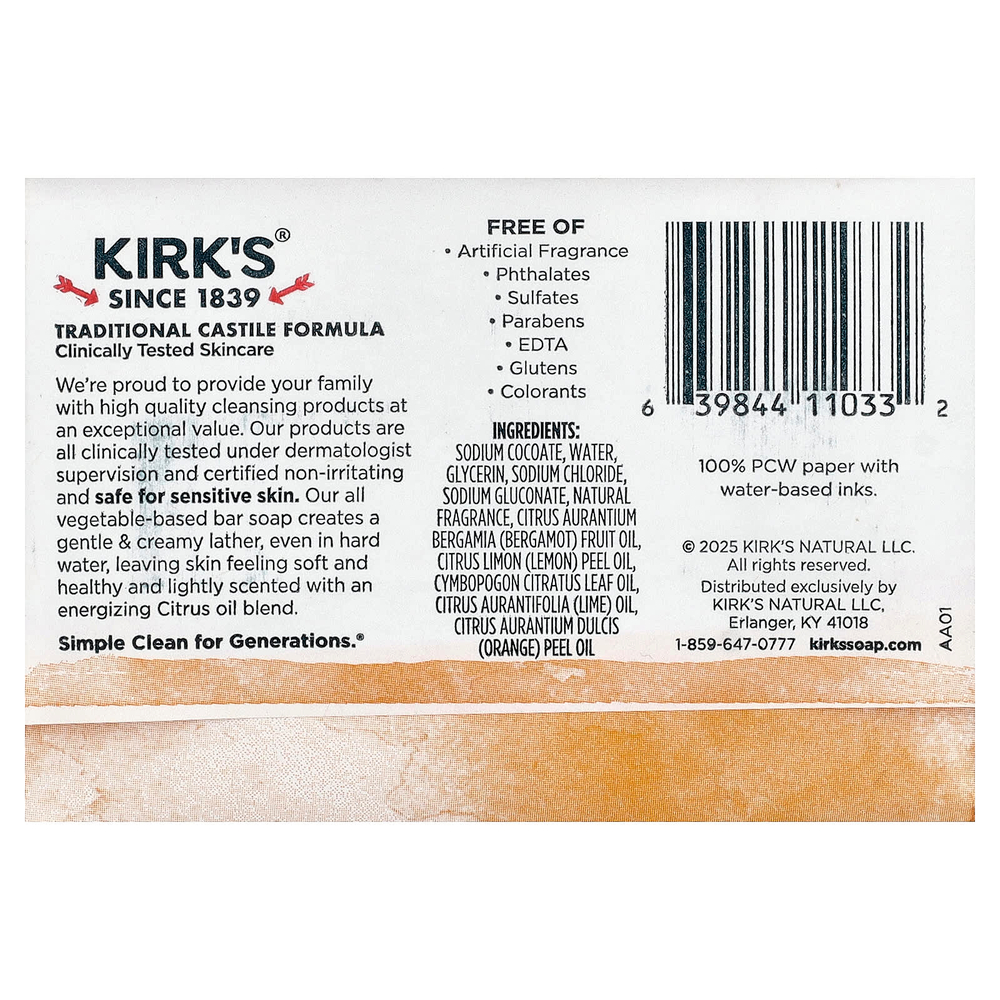Kirk's, кастильское кусковое мыло со 100%-ным кокосовым маслом премиального качества, цитрус, 113 г (4 унции)
