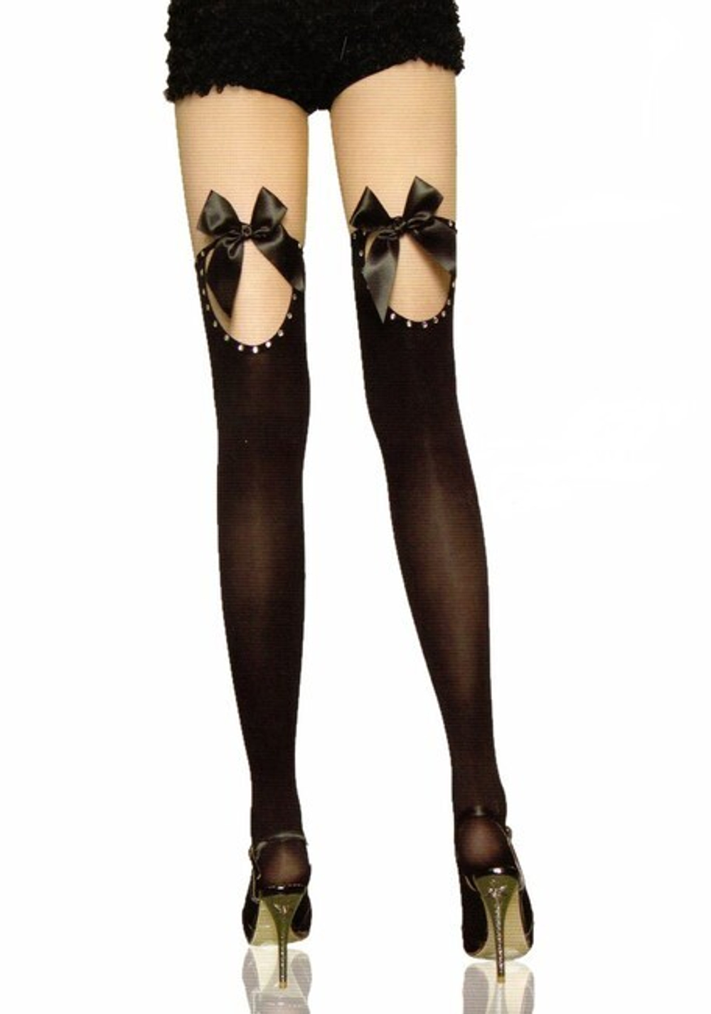 Черные плотные чулки со стразами и бантами OS (42-46) (Цвет: черный)