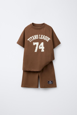 ZARA КОМПЛЕКТ ИЗ ФУТБОЛКИ И ШОРТОВ-БЕРМУДОВ, КОРИЧНЕВЫЙ