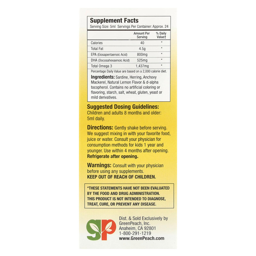 GreenPeach, омега-3 с ЭПК и ДГК, со вкусом лимона, 118,3 мл (4 жидк. унции)