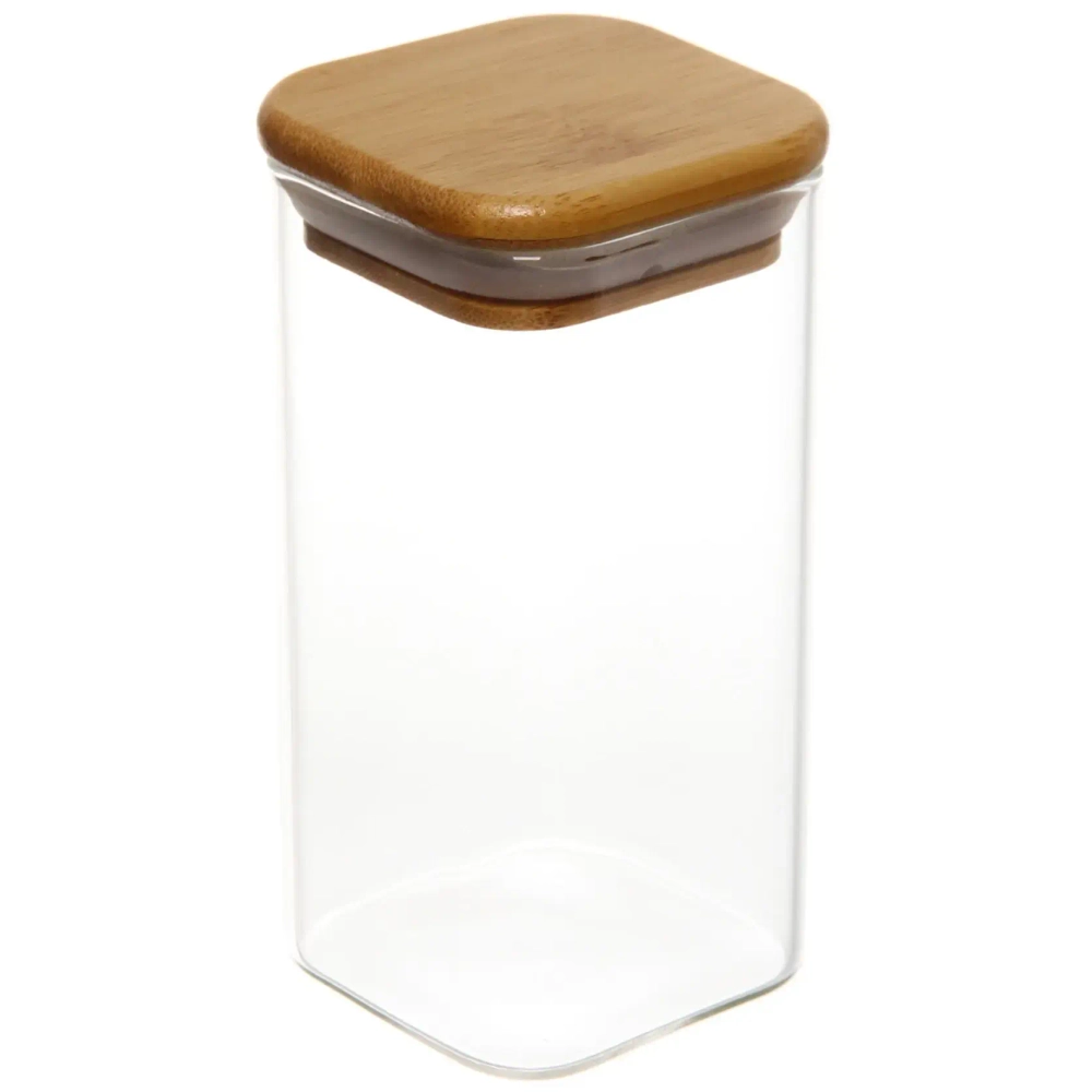 Банка для продуктов стеклянная 300мл «Хай-Тек» с бамбуковой крышкой, квадратная 6*12см