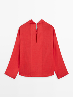 Massimo Dutti Блуза из струящейся ткани с драпированным воротником, коралловый
