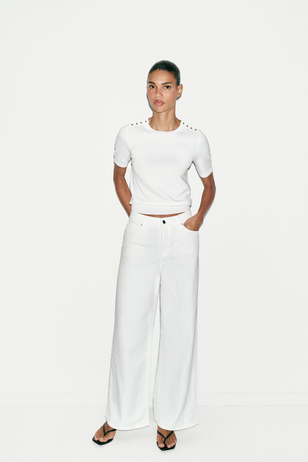 ZARA БАЗОВЫЙ ТРИКОТАЖНЫЙ СВИТЕР С КОРОТКИМИ РУКАВАМИ, БЕЛЫЙ