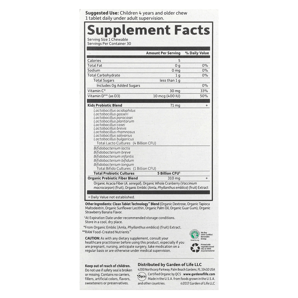 Garden of Life, Компания Dr. Formated Probiotics, органические жевательные таблетки для детей, вкусная органическая клубника и банан, 30 вкусных жевательных таблеток