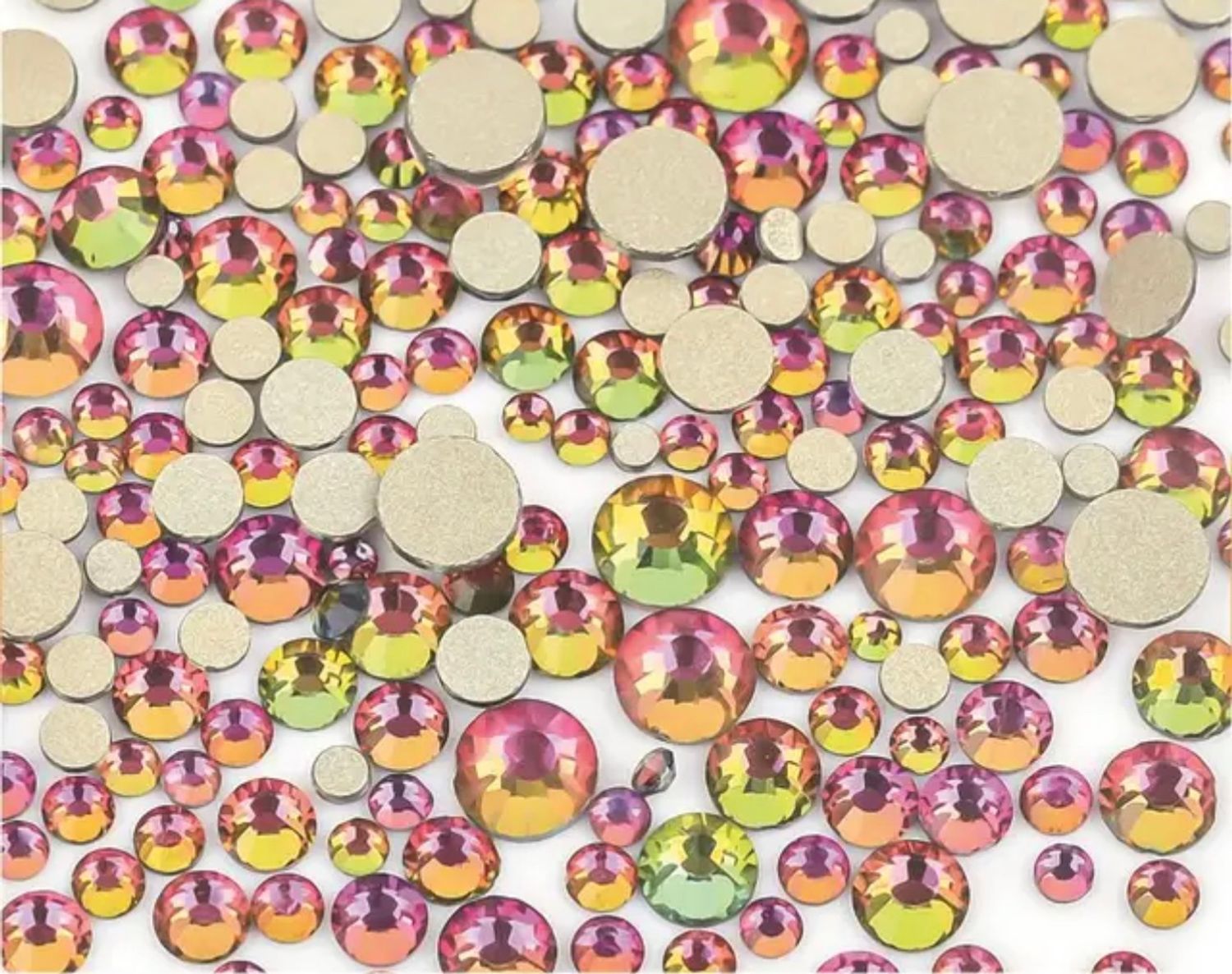 Стеклянные стразы  (размер микс) 1140шт, цвет хамелеон розово-зеленые