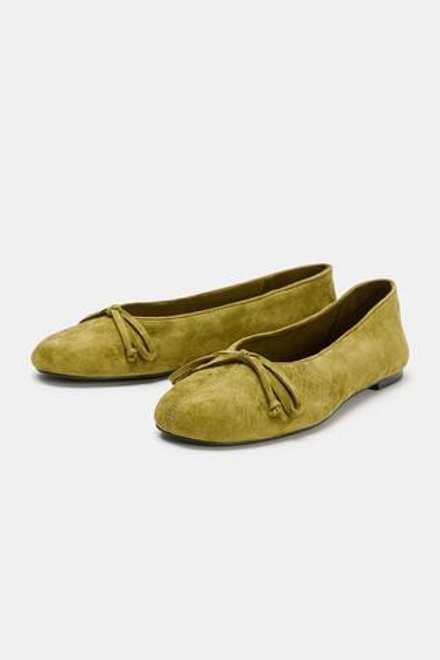 ZARA ЗАМШЕВЫЕ БАЛЕТКИ С БАНТИКОМ, ЗЕЛЕНЫЙ