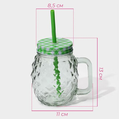 Банка стеклянная с крышкой и трубочкой Доляна «Ананас», 500 мл, 11×8,5×13 см, цвет МИКС