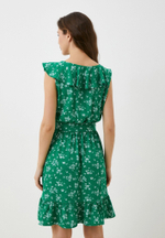 Платье ЛЕЯ без рукавов мини с поясом зеленое с белыми цветами