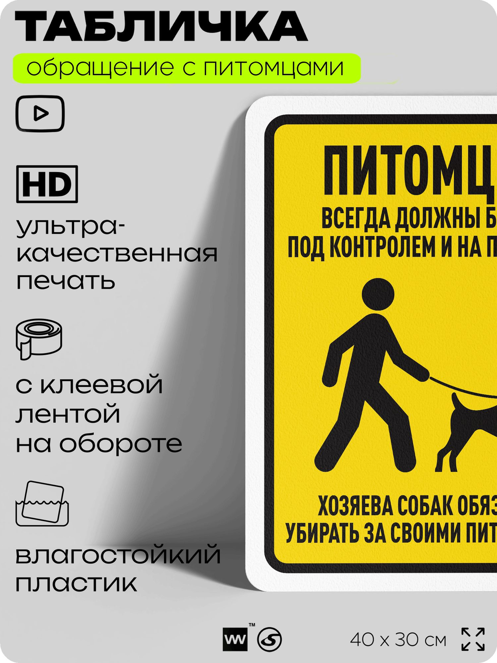 Табличка "Питомцы всегда должны быть под контролем и на поводке" на дверь и забор, для двора, дома, подъезда, 40х30 см, Silver Plane x Айдентика Технолоджи