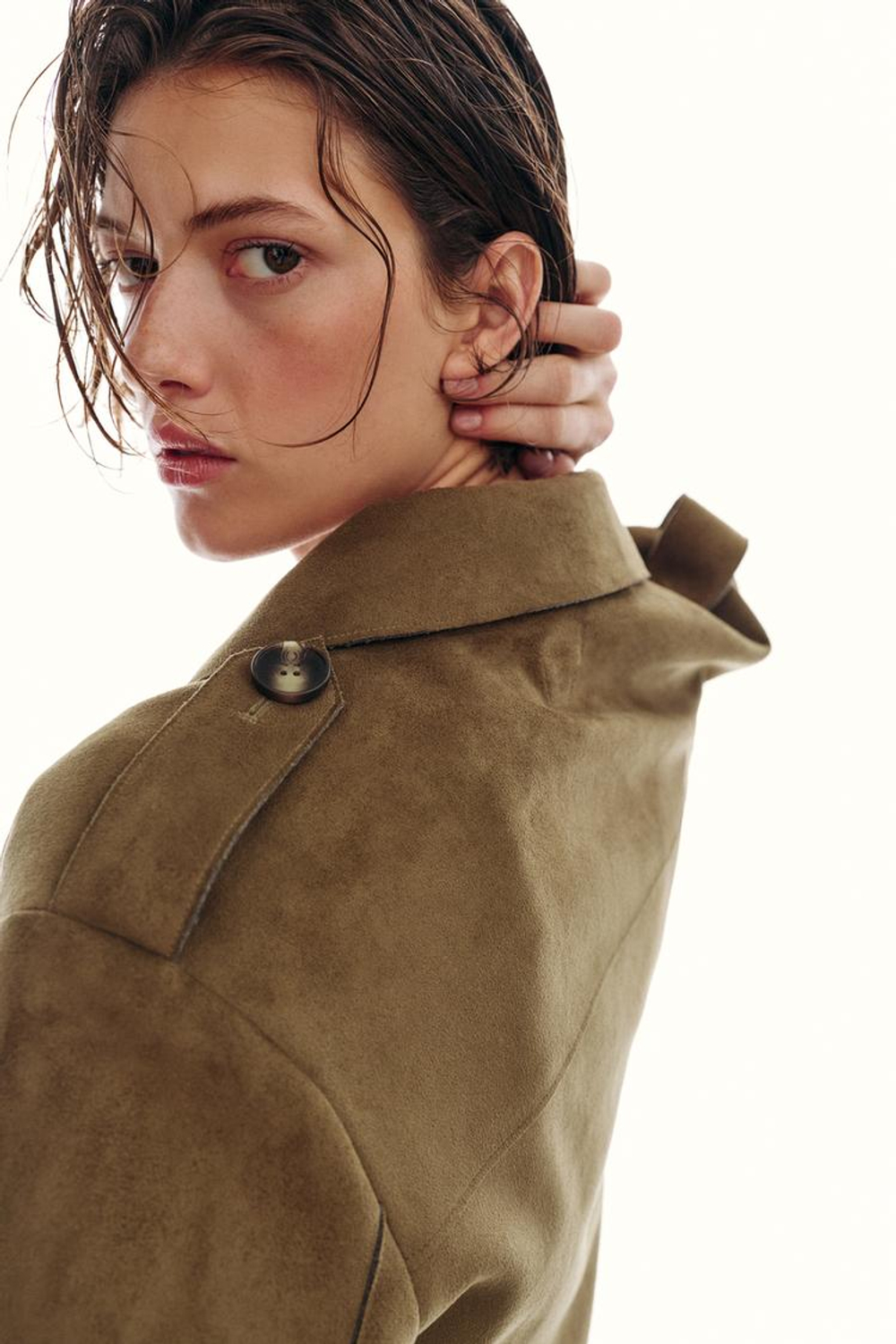 ZARA КОРОТКАЯ КУРТКА ИЗ ИСКУССТВЕННОЙ ЗАМШИ, ТЕМНЫЙ ХАКИ