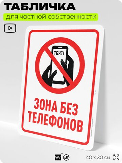 Табличка для частной территории "Зона без телефонов", на дом, для участка, организаций и частных территорий, предупреждающая, 40х30 см, Silver Plane x Айдентика Технолоджи