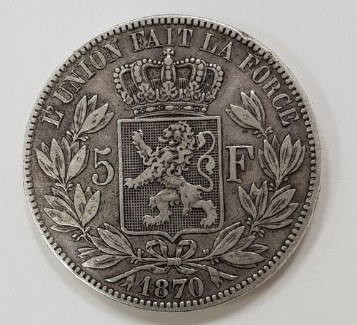 5 франков 1870 года. Бельгия. VF