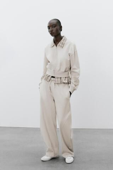 ZARA БРЮКИ BALLOON FIT С КОНТРАСТНЫМИ ДЕТАЛЯМИ, СЛОНОВАЯ КОСТЬ
