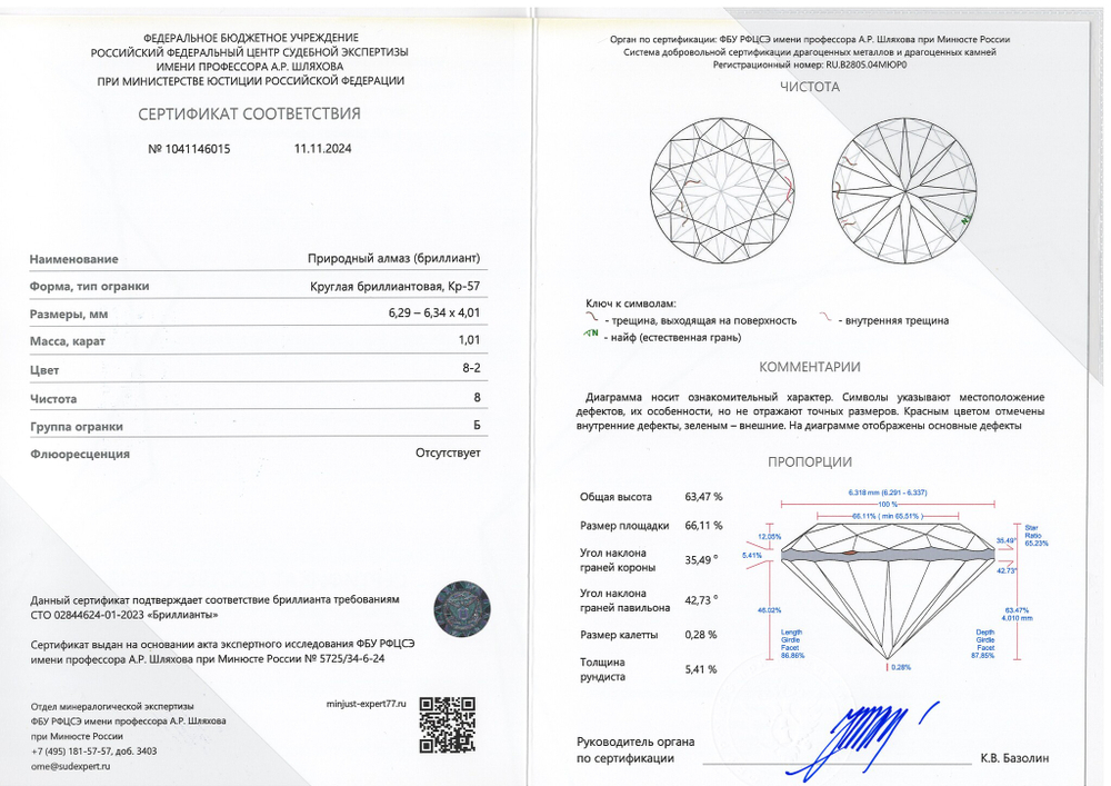 Бриллиант 1041146015 Кр-57-1,01-8-2/8 Б