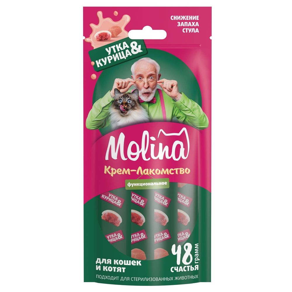 Лакомство для кошек Molina 48г Крем-пюре с уткой и курицей для взрослых кошек. Снижение запаха фекалий