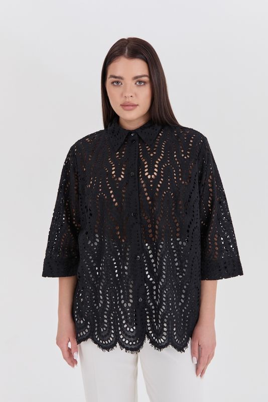 Рубашка с коротким рукавом из шитья, черный