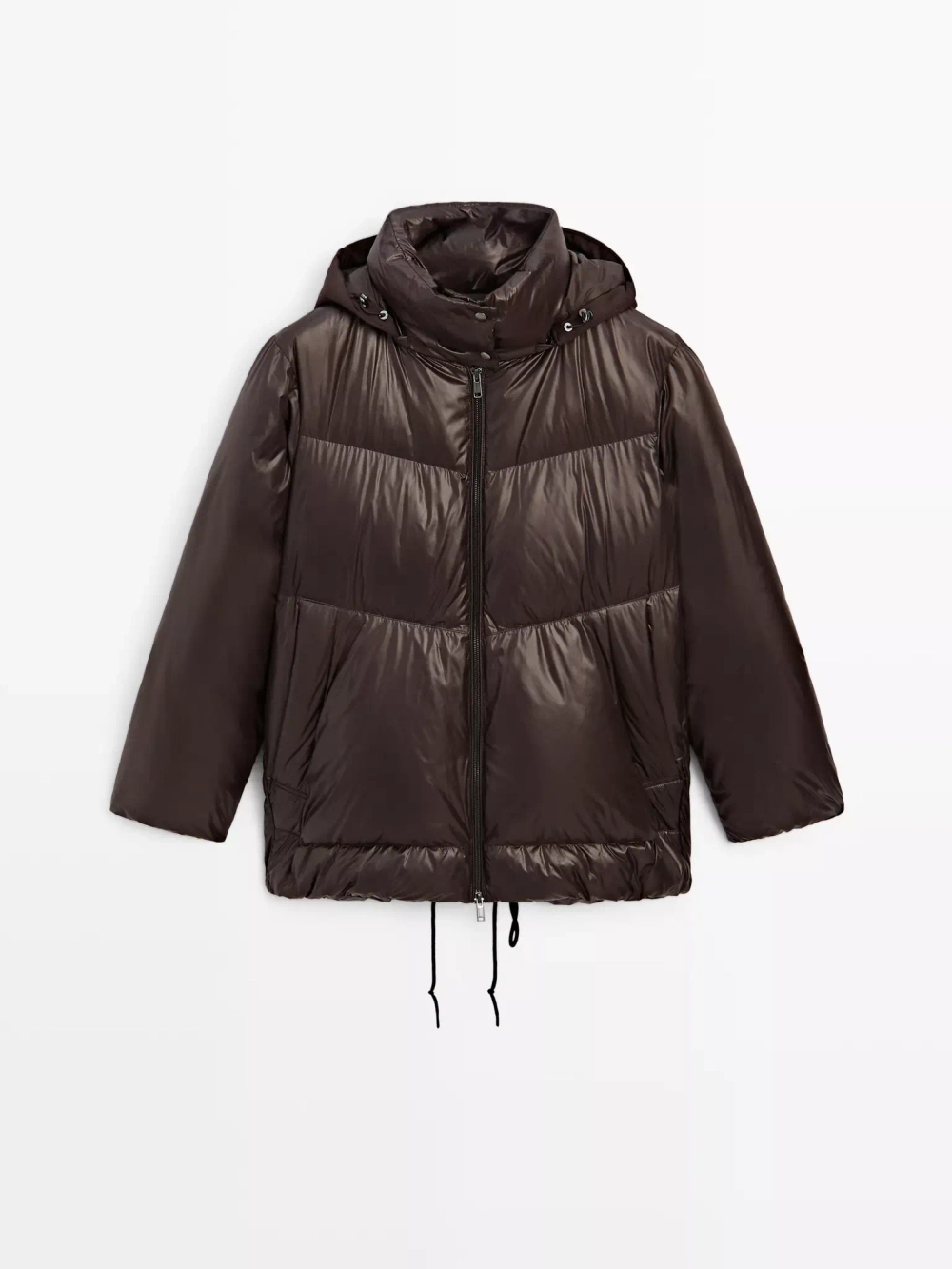 Massimo Dutti Непромокаемый пуховик с отстегивающимся капюшоном, коричневый