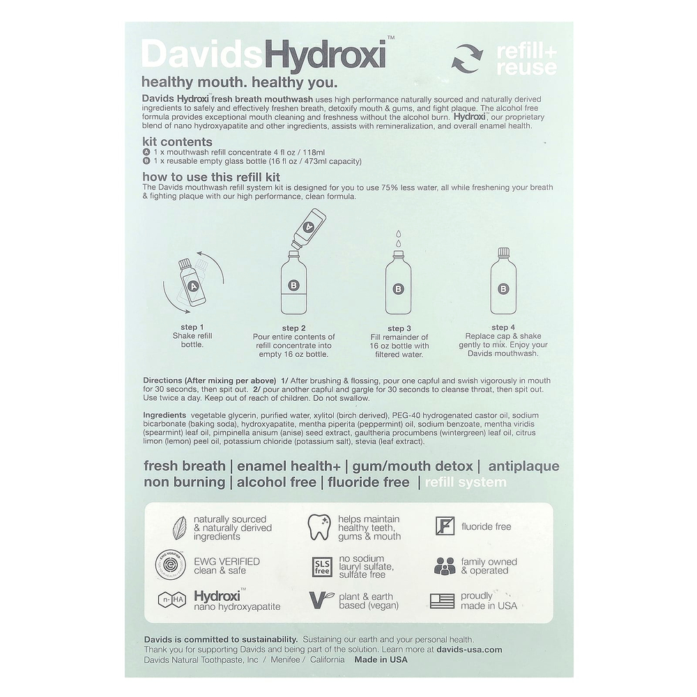 Davids, Refill Kit, жидкость для полоскания рта Fresh Breath, без спирта, натуральная свежая мята, 2 шт.