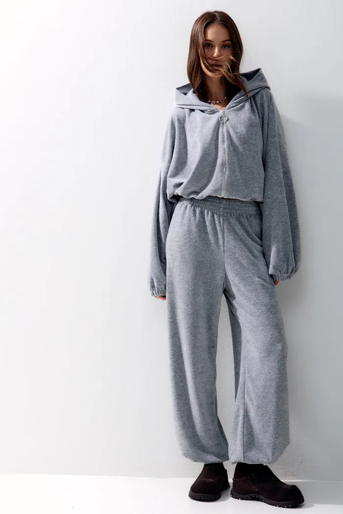 Худи на молнии из велюровой ткани цвета серый меланж