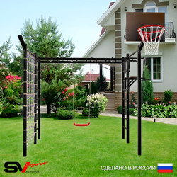 Уличная шведская стенка Sv Sport рукоход с комплектом турник прямой 2шт У5157К (Турник/Брусья/"Лодочка"/Щит баскет/Кронш бокс/Сетка)