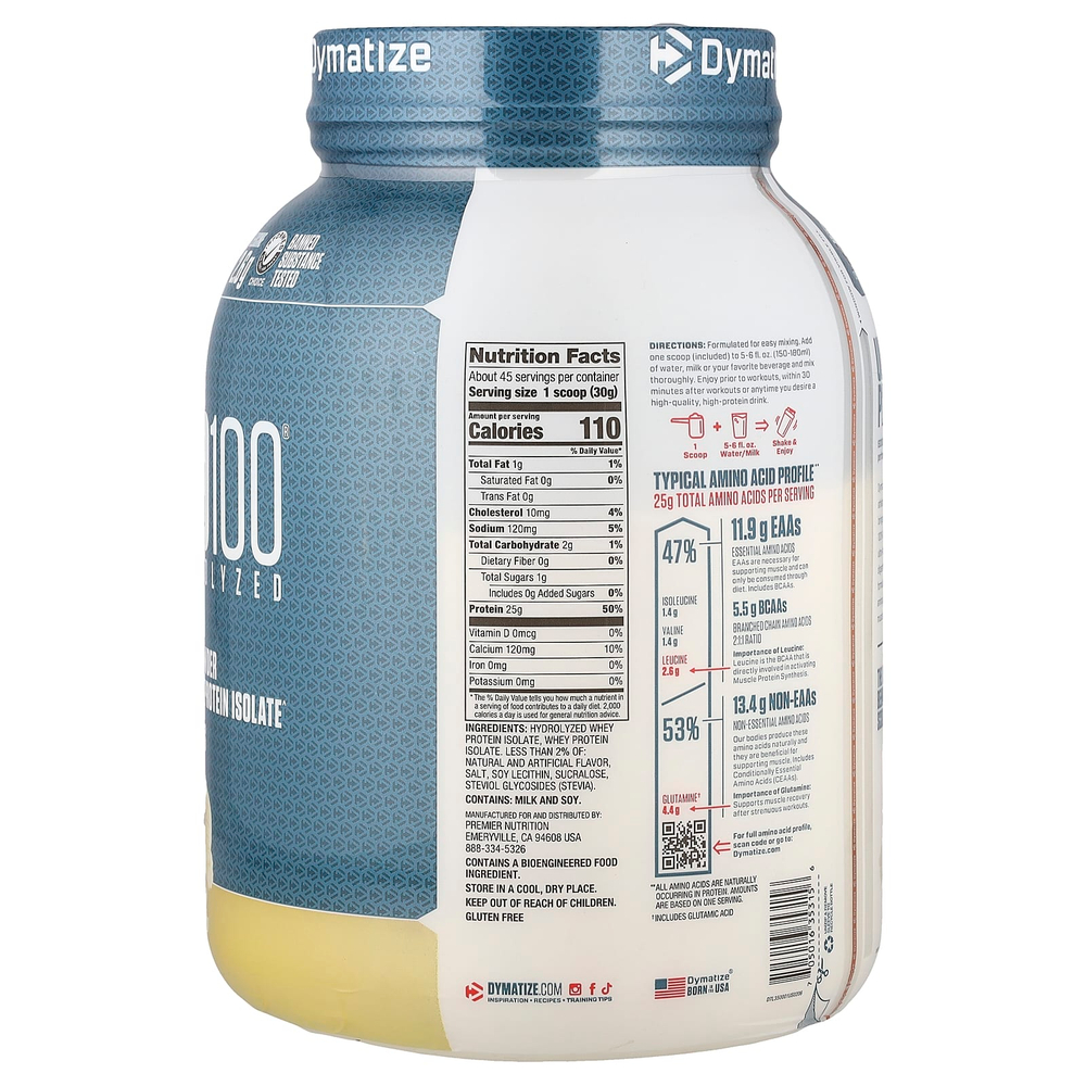 Dymatize, ISO100®, гидролизованный, 100% изолят сывороточного протеина, со вкусом ванили, 1,37 кг (3 фунта)