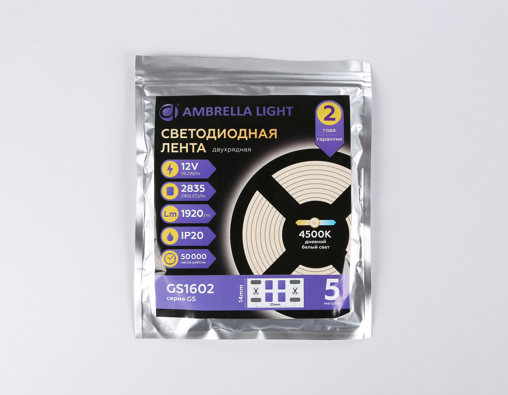 GS1602 2835 240Led/ 19.2W m/ 12V IP20 4500K/ 5000*14*1.2mm (2 конт.)