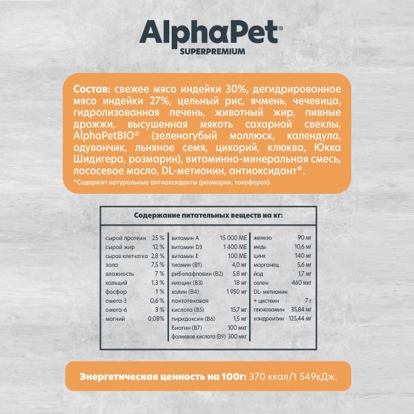 Сухой корм AlphaPet Superpremium MONOPROTEIN для взрослых собак средних и крупных пород из индейки