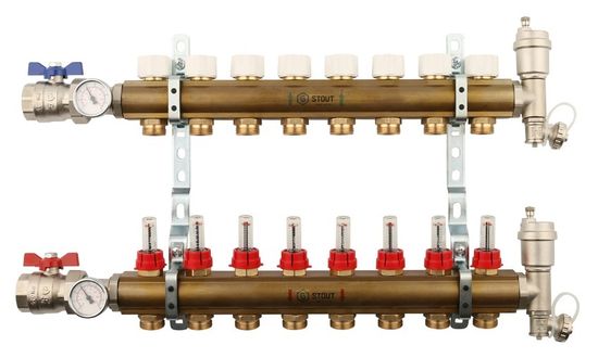 Коллектор Stout 1"x3/4" 8 контуров с расходомерами в сборе из латуни SMB-0473-000008