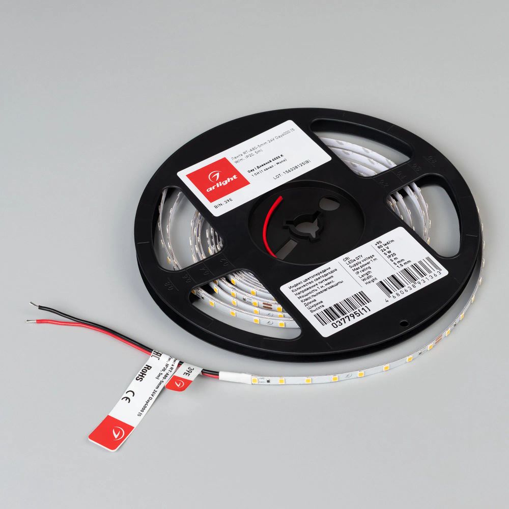 Светодиодная лента RT-A80-5mm 24V Day4000 (5 W/m, IP20, 5m) (Arlight, Открытый) 037795(1)