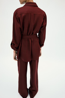 ZARA БРЮКИ ПРЯМОГО КРОЯ ИЗ СМЕСОВОГО ЛЬНА, БУРГУНДИ