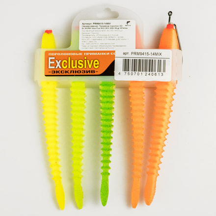 Приманки поролоновые 3D Ex WORM FLUO 14см под офсетный крючок размер 3/0, 4/0, 5/0 MIX 5шт набор