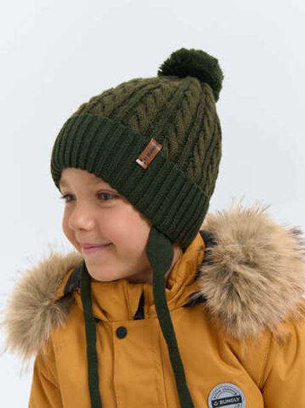 Шапка зимняя из смесовой шерсти с флисовым подкладом "Олива" на завязках