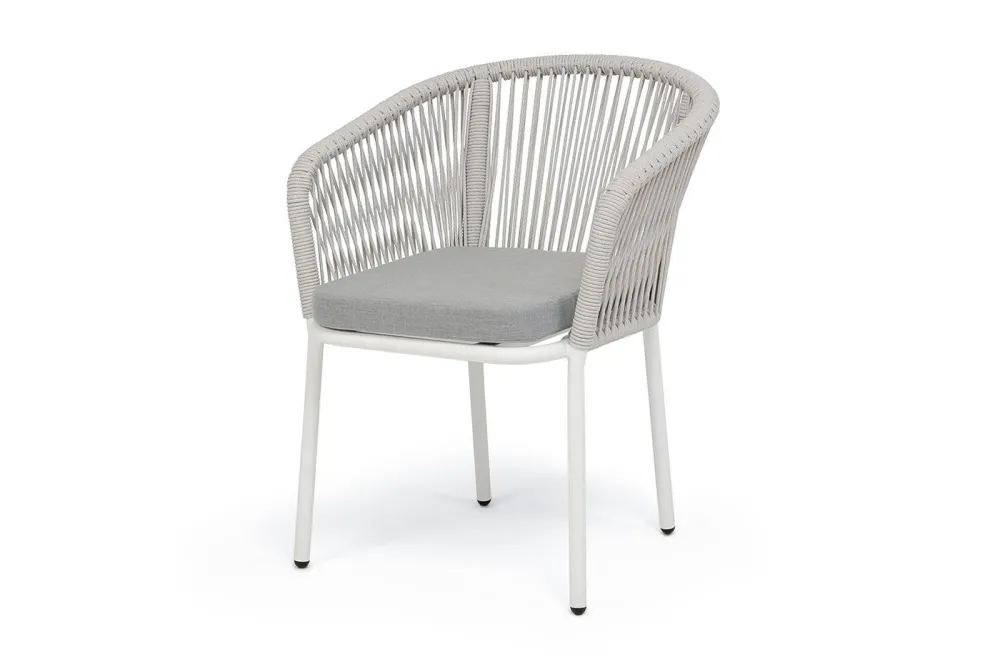 "Марсель" стул плетеный из роупа, каркас алюминий белый муар, роуп светло-серый меланж круглый tex, ткань светло-серая