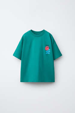 ZARA ФУТБОЛКА С ГРАФИЧЕСКИМ ПРИНТОМ, ЦВЕТ МОРСКОЙ ВОЛНЫ