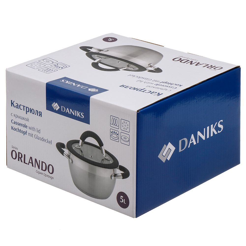 Кастрюля нерж, 4.9 л, с крыш, крышка стекло, кругл, Daniks, Орландо, GS-01435-22CA, индукц