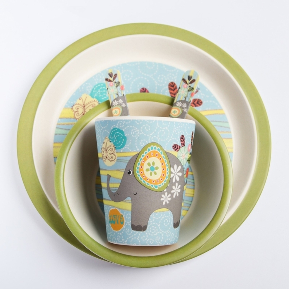 4611367 Набор детской бамбуковой посуды «Слоник», тарелка, миска, стакан, приборы, 5 предметов