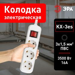 Колодка ЭРА KX-3es 3 розетки с заземлением с выключателем белая | Колодки