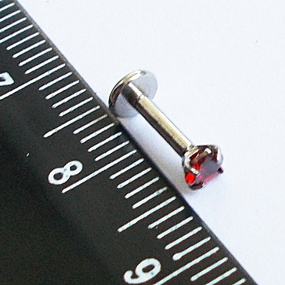 Пирсинг. Лабрета интернал для пирсинга губы 6 мм с красным цирконом 3 мм. Медицинская сталь.
