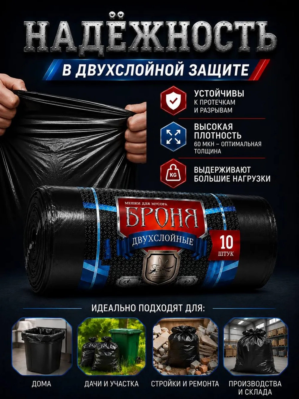 Мешки для мусора БРОНЯ 120л, СУПЕРПРОЧНЫЕ 2-х слойные.