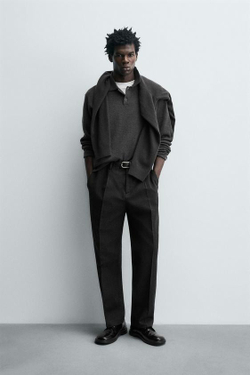 ZARA БРЮКИ ИЗ ХЛОПКА И ШЕРСТИ С РЕЛЬЕФНЫМ УЗОРОМ — LIMITED EDITION, СЕРЫЙ