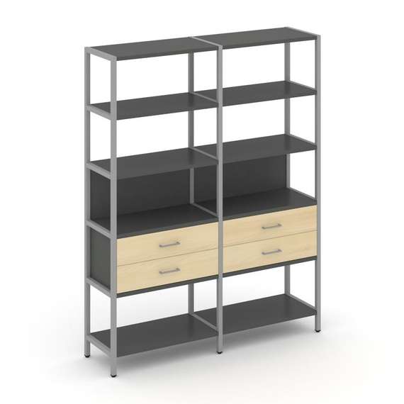 Shelf System Двухсекционный стеллаж пятиярусный с ящиками SN.STM-522 Антрацит/Акация Лорка/Металл Се