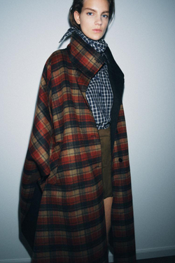 ZARA НАКИДКА В КЛЕТКУ ИЗ ШЕРСТИ, ZW COLLECTION, БОРДОВЫЙ/ЭКРЮ