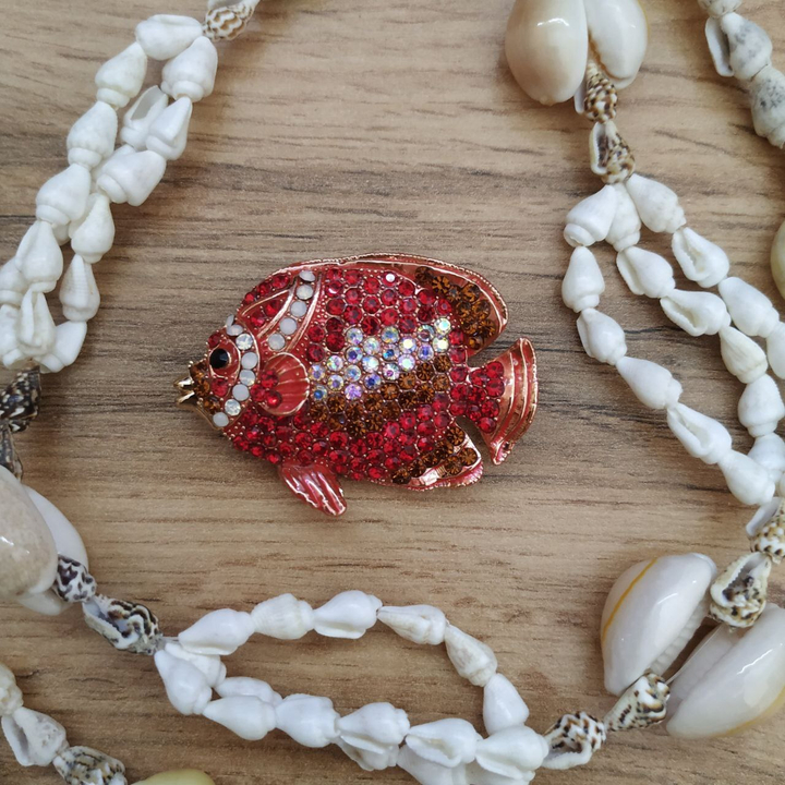 Брошь-кулон Рыбка красная со стразами эмаль цветная металл золотистый