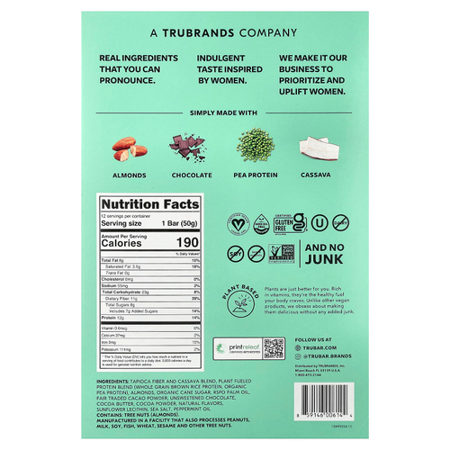 Trubar, протеиновый батончик на растительной основе, мятная крошка, 12 батончиков по 50 г (1,76 унции)
