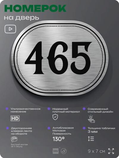 Номерок на дверь квартиры 465, для кабинета, офиса, шильдик 9 х 7 см, брашированная сталь, Айдентика Технолоджи