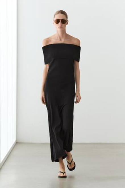 Massimo Dutti Трикотажное платье миди с открытыми плечами, черный