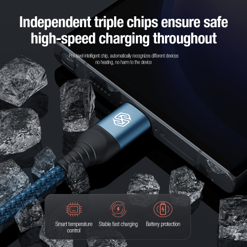 Кабель 3 в 1 в тканевой оплетке синего цвета от Nillkin с разъемами Type C, Lightning и Micro USB, серия Swift Pro, длина 1,5м