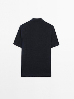 Massimo Dutti Льняной трикотажный свитер с воротником-поло, темно-синий