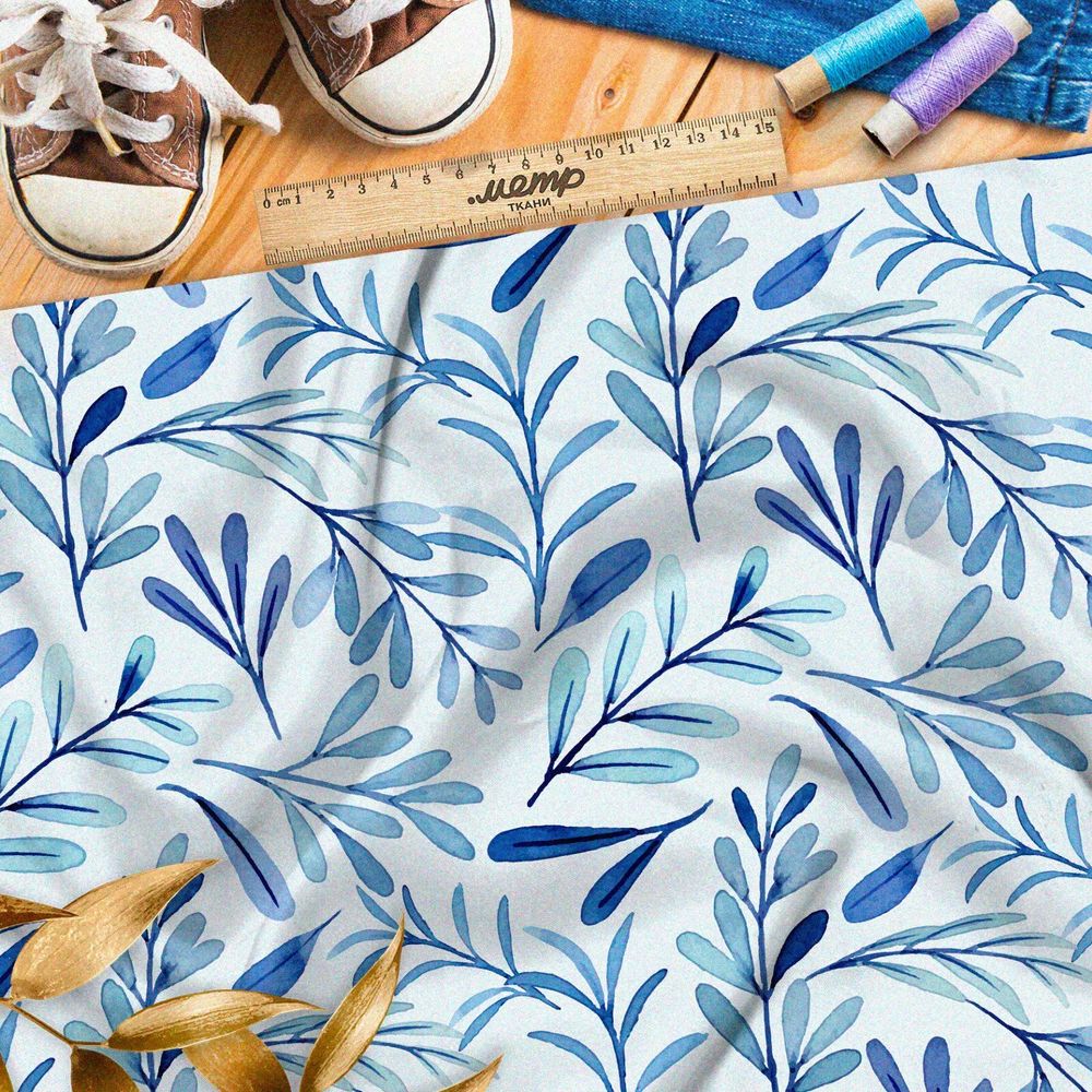 Ткань бифлекс тонкие акварельные листья на белом фоне