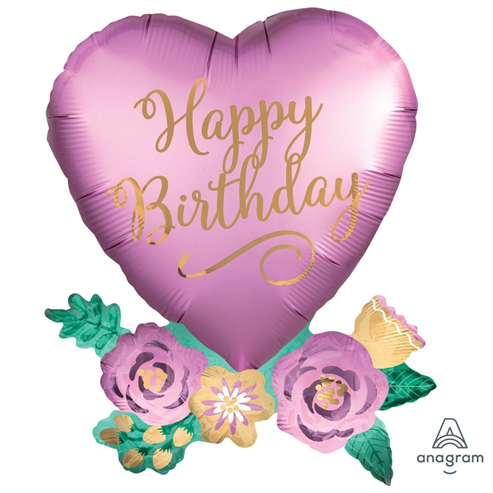 Фольгированный шар-сердце «Happy Birthday. Розовые цветы» сатин, 76 см